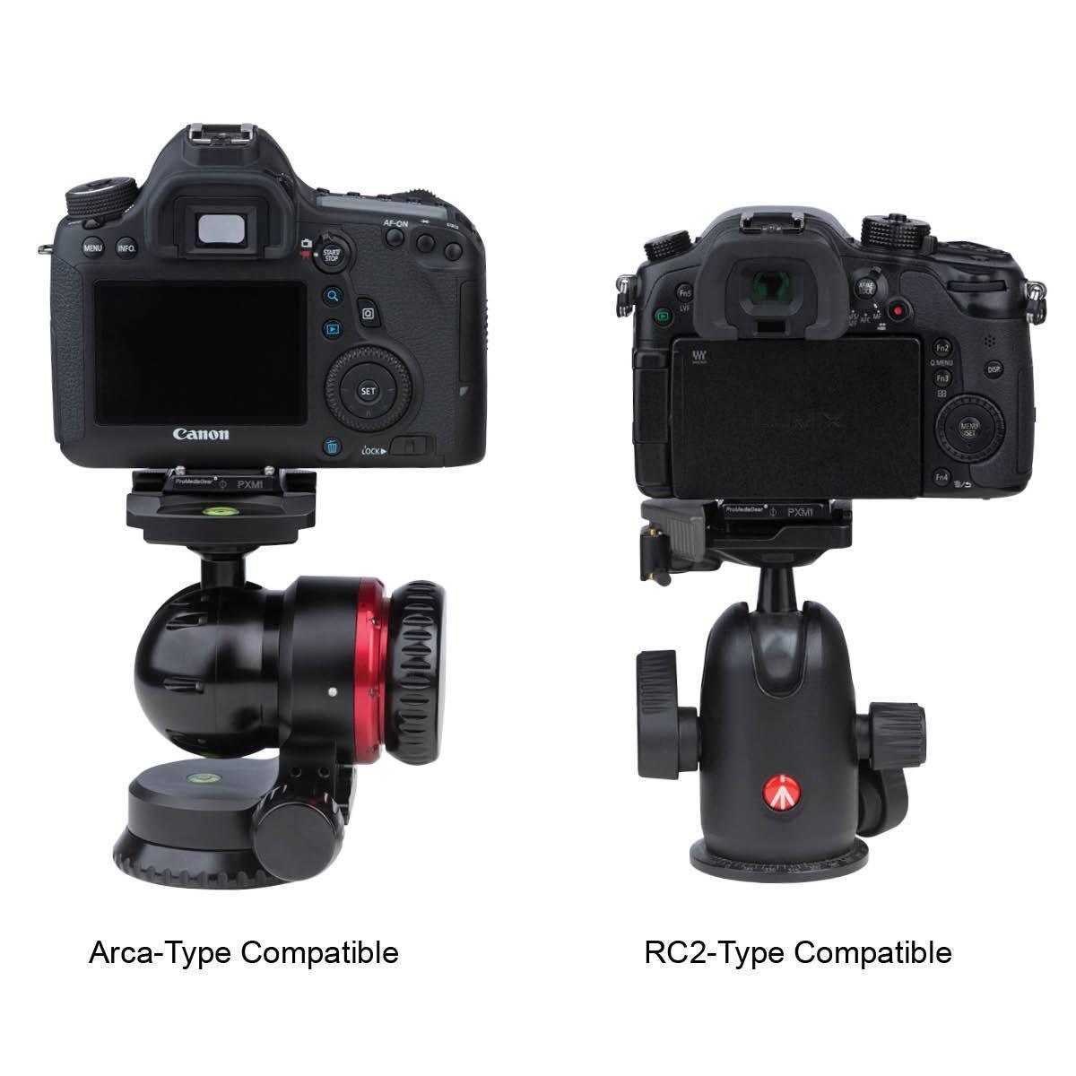 Use one plate for both Arca and RC2 clamps with the PXM1